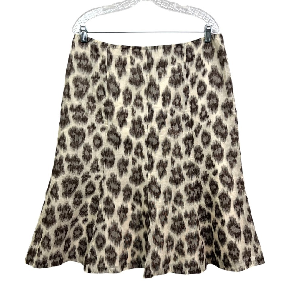 Talbots Womens Silk Linen Blend Midi Skirt Animal Print Lined Cream Brown Sz 14*